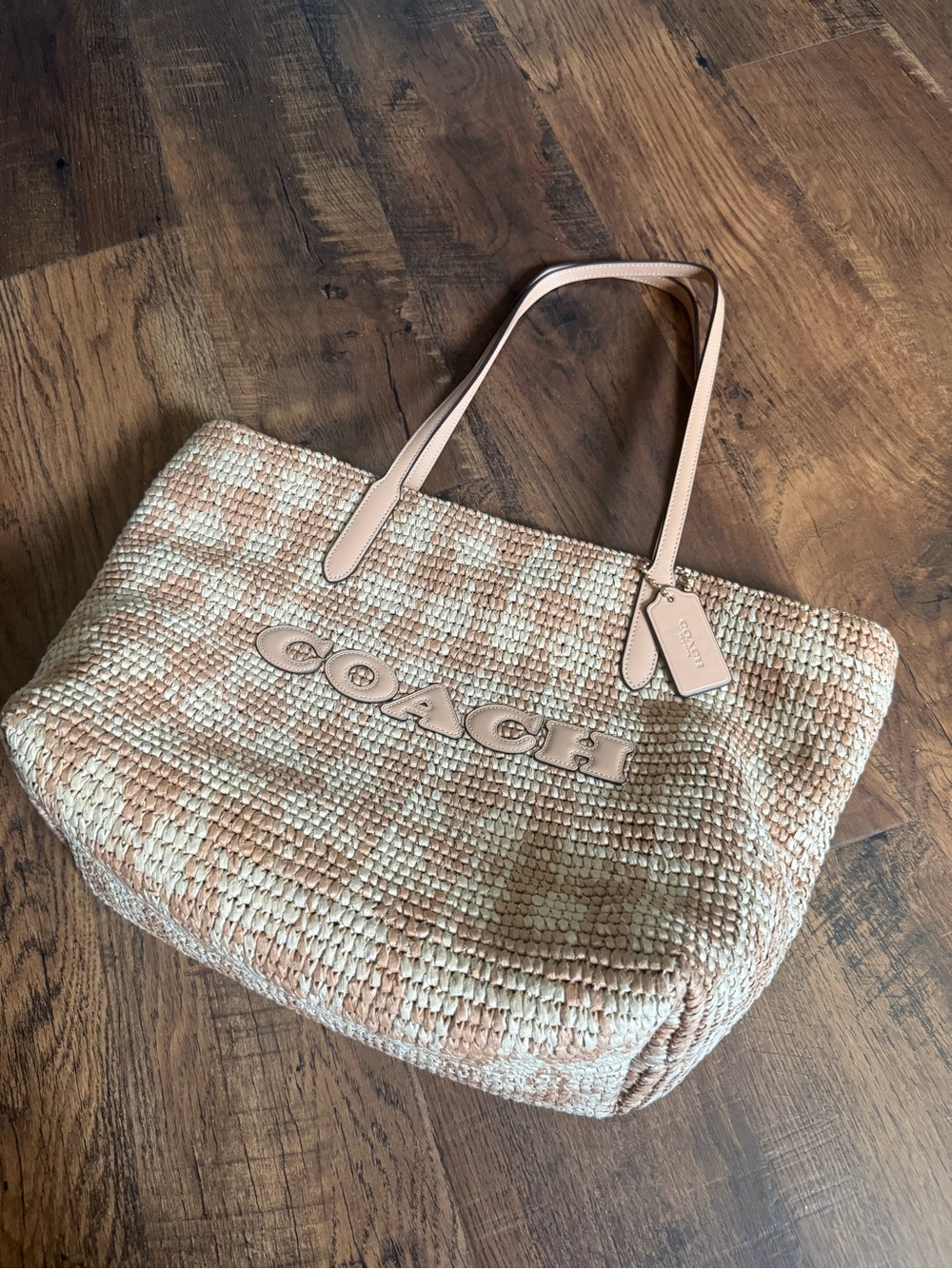 Coach Checkered Straw Tote with Tan Leather Trim